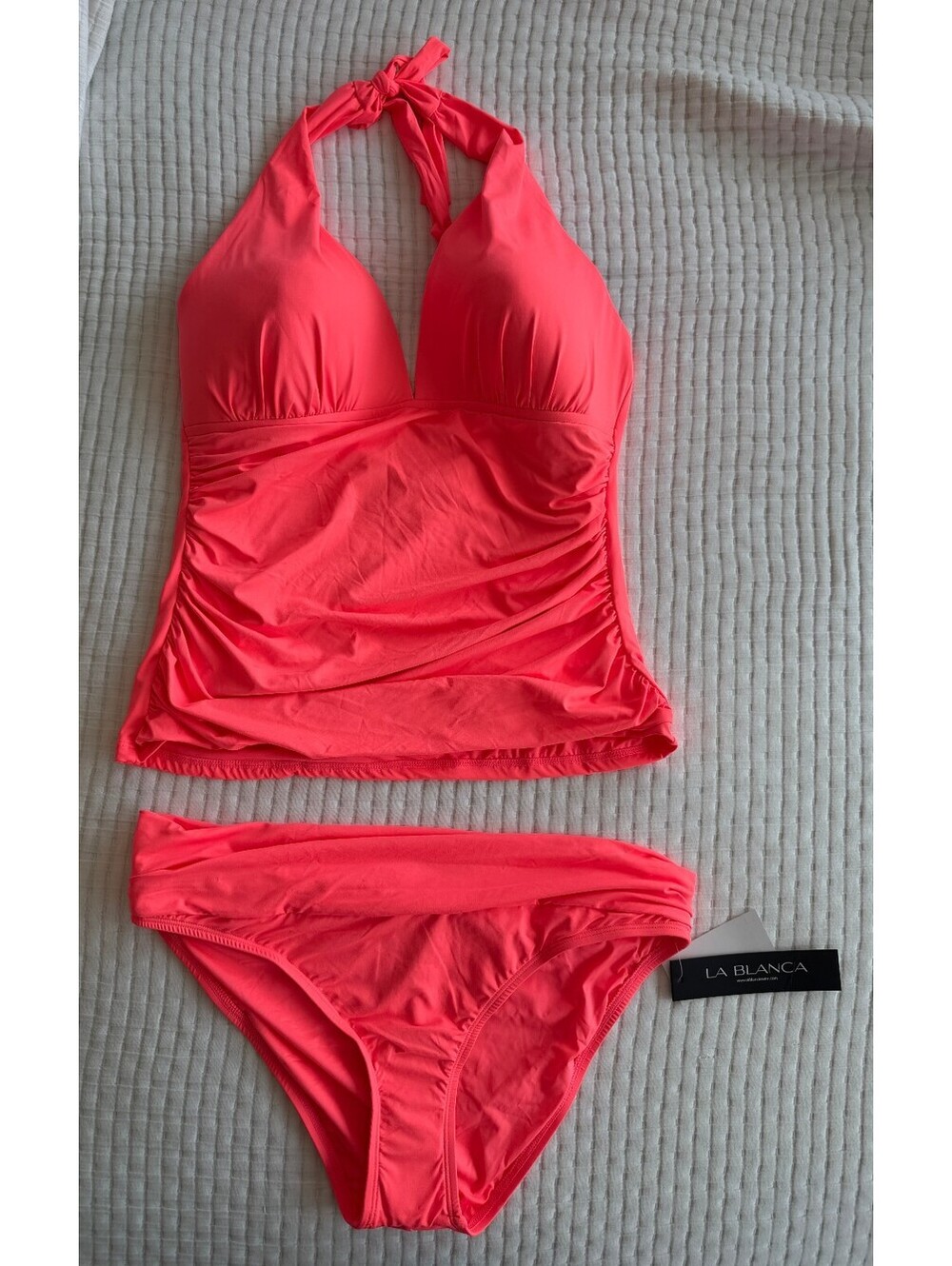 La Blanca Neon Coral Halter Tankini (14) with Bikini Bottoms (12)